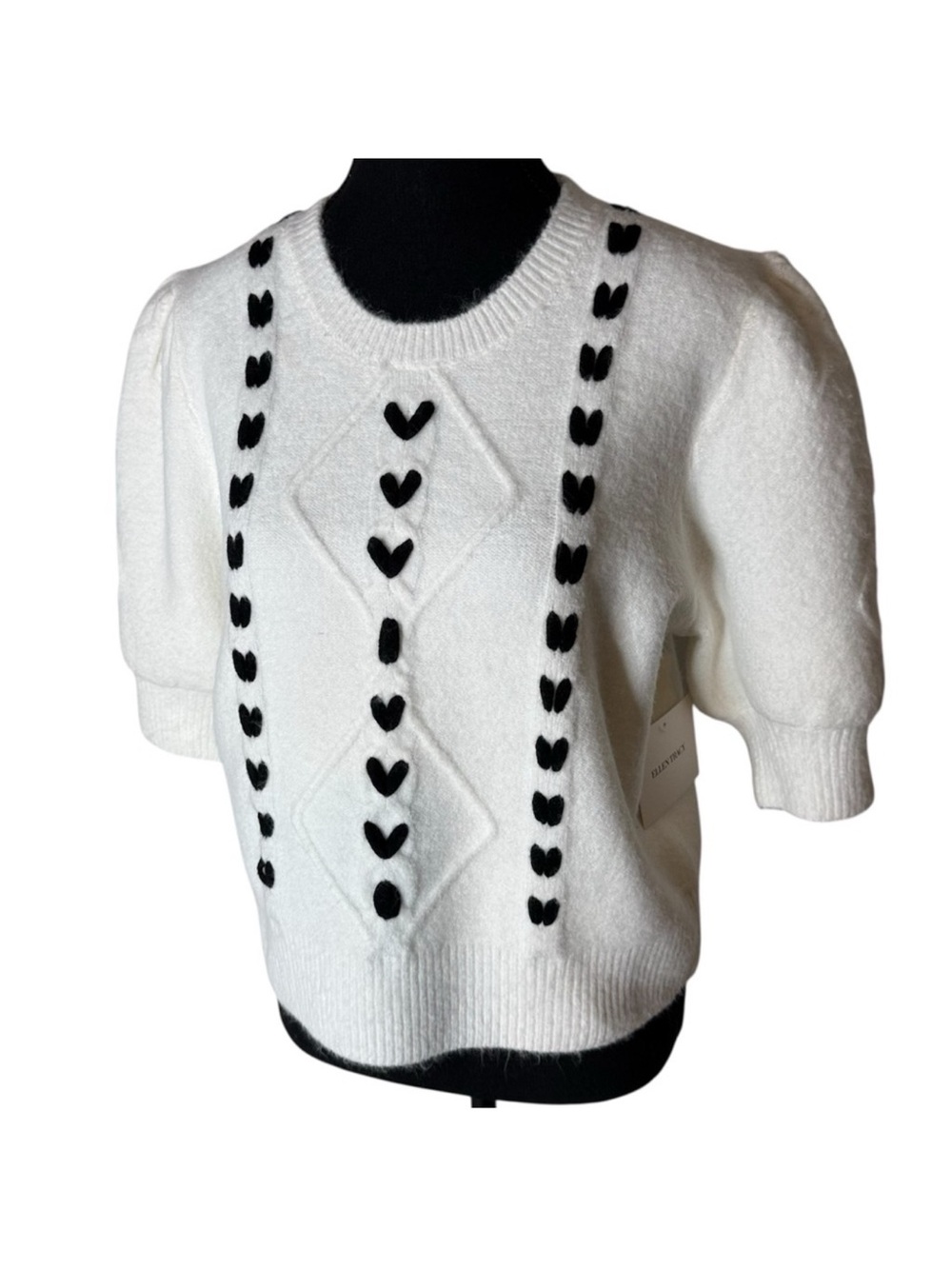 ELLEN TRACY New Puff Short Sleeve White Black Heart Crop Knit Sweater Sz Large